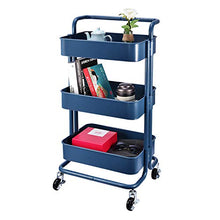 Load image into Gallery viewer, 3-Tier Metal Mesh Storage Utility Cart with Brake Wheels, Rolling Cart with Removable Handle, Navy Blue