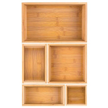 Load image into Gallery viewer, mDesign Bamboo Kitchen Cabinet Drawer Organizer Stackable Tray Bin - Eco-Friendly, Multipurpose - Use in Drawers, on Countertops, Shelves or in Pantry - Varied Sizes, Set of 5- Natural Wood Finish