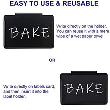 Load image into Gallery viewer, 12 Pack Black Basket Labels Clip On with 40 Chalkboard Labels, Metal Label Holders for Storage Bins, Removable Bin Clip Labels for Baskets Pantry Labels Clips, Includes 12 Label Cards, 2 White Chalk