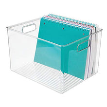 Load image into Gallery viewer, mDesign Plastic Storage Container Bin with Carrying Handles for Home Office, Filing Cabinets, Shelves - Organizer for School Supplies, Pens, Pencils, Notepads, Staplers, Envelopes, 2 Pack - Clear