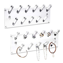 Load image into Gallery viewer, Ikee Design Multipurpose Acrylic Wall mounted Jewelry Stand Organizer, Bracelets Rings Bangles Display Rack for Store, Showcase, Trade Show, Set of 2, Clear, 13”W x 4 1/4”D x 1 3/4”H
