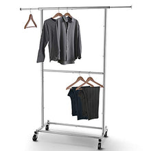 Load image into Gallery viewer, Simple Trending Double Rod Clothing Garment Rack, Rolling Clothes Organizer on Wheels for Hanging Clothes, Chrome