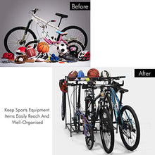Load image into Gallery viewer, Bike Rack, 3 Bike Stand Rack, with Baskets Storage and 6 Hooks, Bicycle Floor Parking Stands, Bike Storage Stand, Bike Rack Garage, Free Standing Bike Rack, Indoor Outdoor Sports Storage Station