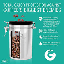 Load image into Gallery viewer, Coffee Gator Stainless Steel Coffee Grounds and Beans Container Canister with Date-Tracker, CO2-Release Valve and Measuring Scoop, Medium, Gray