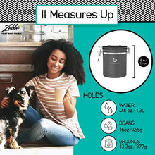 Load image into Gallery viewer, Coffee Gator Stainless Steel Coffee Grounds and Beans Container Canister with Date-Tracker, CO2-Release Valve and Measuring Scoop, Medium, Gray