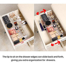 Load image into Gallery viewer, Oubonun Expandable Drawer Organizer 11.1” to 19.2” Width, Shallow Cosmetic Organizer 1.3” Height, 4 Packs, Clear Plastic Storage Trays with 7 Compartments for Dressing Table, Bathroom, and Office Desk