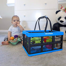 Load image into Gallery viewer, CleverMade Collapsible Plastic Grocery Shopping Baskets: Small Folding Stackable Storage Containers/Bins with Handles, Pack of 3, Graphite/Black