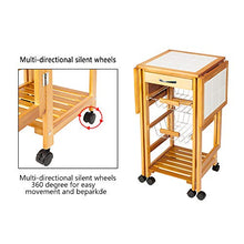 Load image into Gallery viewer, Henf Portable Rolling Drop Leaf Kitchen Storage Trolley Cart Island White Tile Top Folding Trolley Table with 1 Wood Drawer & 2 Steel Baskets Sapele Color