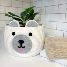 Load image into Gallery viewer, CosiePod Round Cotton Rope Basket with Cute Bear Design, Baby Nursery Decor, Nursery Laundry Basket, Baby Hamper, Baby Diaper Organizer, Cat Dog Toy Baskets, Baby Gift Basket | 12”D x 9.8”H