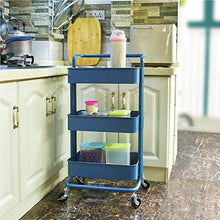 Load image into Gallery viewer, 3-Tier Metal Mesh Storage Utility Cart with Brake Wheels, Rolling Cart with Removable Handle, Navy Blue