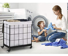 Load image into Gallery viewer, Laundry Hamper with Wood Lid and Divided Liner Bag;Durable Laundry Basket with Heavy Duty Rolling Lockable Wheels; Laundry Sorter with Removable Liner Bag (White)