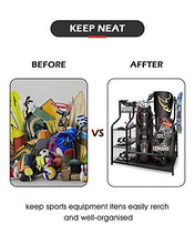 Load image into Gallery viewer, Mythinglogic Golf Storage Garage Organizer, 2 Golf Bag Storage Stand and Other Golfing Equipment Rack & 4 Removable Hooks, Extra Large Design for Golf Clubs Accessories