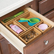 Load image into Gallery viewer, mDesign Bamboo Kitchen Cabinet Drawer Organizer Stackable Tray Bin - Eco-Friendly, Multipurpose - Use in Drawers, on Countertops, Shelves or in Pantry - Varied Sizes, Set of 5- Natural Wood Finish