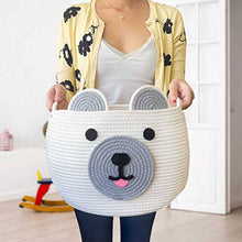 Load image into Gallery viewer, CosiePod Round Cotton Rope Basket with Cute Bear Design, Baby Nursery Decor, Nursery Laundry Basket, Baby Hamper, Baby Diaper Organizer, Cat Dog Toy Baskets, Baby Gift Basket | 12”D x 9.8”H