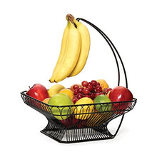 Load image into Gallery viewer, Gourmet Basics by Mikasa French Countryside Metal Fruit Basket with Banana Hook, 12&quot;, Glossy Black
