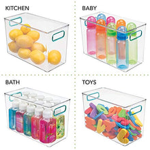 Load image into Gallery viewer, mDesign Plastic Food Storage Container Bin with Handles - for Kitchen, Pantry, Cabinet, Fridge/Freezer - Organizer for Snacks, Produce, Vegetables, Pasta - BPA Free, Food Safe - 4 Pack - Clear/Blue
