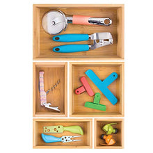 Load image into Gallery viewer, mDesign Bamboo Kitchen Cabinet Drawer Organizer Stackable Tray Bin - Eco-Friendly, Multipurpose - Use in Drawers, on Countertops, Shelves or in Pantry - Varied Sizes, Set of 5- Natural Wood Finish