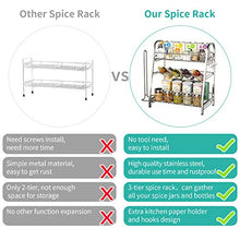 Load image into Gallery viewer, Spice Rack Organizer for Cabinet Countertop, 3-Tier Spice Organizer with Paper Towel Holder & 3 Hooks, Stainless Steel Storage Shelf with Guardrail for Kitchen Counter Bathroom Office