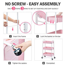 Load image into Gallery viewer, TOOLF 3 Tier Rolling Cart, No Screw Metal Utility Cart, Easy Assemble Utility Serving Cart, Sturdy Storage Trolley with Handles, Locking Wheels, for Classroom Office Home Bedroom Bathroom, Pink