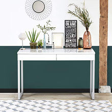 Load image into Gallery viewer, GreenForest Vanity Desk 47’’ Glossy White Console Table Computer Makeup Desk with 2 Drawers and Solid Metal Legs for Living Room Entryway Hallways
