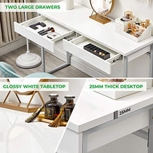 Load image into Gallery viewer, GreenForest Vanity Desk 47’’ Glossy White Console Table Computer Makeup Desk with 2 Drawers and Solid Metal Legs for Living Room Entryway Hallways