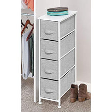 Load image into Gallery viewer, mDesign Narrow Vertical Dresser Storage Tower - Sturdy Metal Frame, Wood Top, Easy Pull Fabric Bins - Organizer Unit for Bedroom, Hallway, Entryway, Closet - Textured Print, 4 Drawers - Gray/White