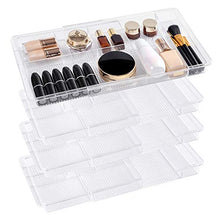 Load image into Gallery viewer, Oubonun Expandable Drawer Organizer 11.1” to 19.2” Width, Shallow Cosmetic Organizer 1.3” Height, 4 Packs, Clear Plastic Storage Trays with 7 Compartments for Dressing Table, Bathroom, and Office Desk