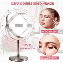 Load image into Gallery viewer, MIRRORMORE Professional 8" Vanity Mirror with 10X/1X Magnifying, Portable Makeup Mirror with Stand, Double Sided 350° Rotation Cosmetic Mirror, Senior Pearl Nickel, Round