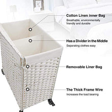 Load image into Gallery viewer, Greenstell Laundry Hamper with Wheels & 2 Removable Liner Bags, Divided Handwoven Hampers, Synthetic Rattan Clothes Laundry Basket with Lid & Handles, Foldable & Easy to Install White 22x12x26.4 in