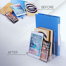 Load image into Gallery viewer, Acrylic File Organizer, Clear Folder Sorter, Desk, Office, Letter, Notebook, Electronics, Purse, Palette, Book, Holder, 4 Sections, Lucite, 9-Inch Wide x 7-Inch Deep x 7-Inch High.