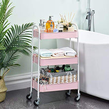 Load image into Gallery viewer, TOOLF 3 Tier Rolling Cart, No Screw Metal Utility Cart, Easy Assemble Utility Serving Cart, Sturdy Storage Trolley with Handles, Locking Wheels, for Classroom Office Home Bedroom Bathroom, Pink