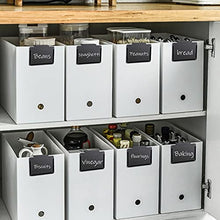 Load image into Gallery viewer, 12 Pack Black Basket Labels Clip On with 40 Chalkboard Labels, Metal Label Holders for Storage Bins, Removable Bin Clip Labels for Baskets Pantry Labels Clips, Includes 12 Label Cards, 2 White Chalk