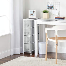 Load image into Gallery viewer, mDesign Narrow Vertical Dresser Storage Tower - Sturdy Metal Frame, Wood Top, Easy Pull Fabric Bins - Organizer Unit for Bedroom, Hallway, Entryway, Closet - Textured Print, 4 Drawers - Gray/White