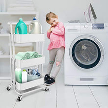 Load image into Gallery viewer, Homchwell 3 Tier Metal Utility Rolling Cart with Lockable Wheels, Multifunction Movable Storage Shelves Organizer Cart with Handle and Mesh Basket for Kitchen, Coffee Bar,Bathroom, Office