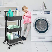 Load image into Gallery viewer, Homchwell 3 Tier Metal Utility Rolling Cart with Lockable Wheels, Multifunction Movable Storage Shelves Organizer Cart with Handle and Mesh Basket for Kitchen, Coffee Bar,Bathroom, Office