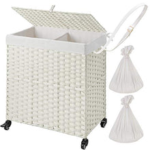Load image into Gallery viewer, Greenstell Laundry Hamper with Wheels & 2 Removable Liner Bags, Divided Handwoven Hampers, Synthetic Rattan Clothes Laundry Basket with Lid & Handles, Foldable & Easy to Install White 22x12x26.4 in