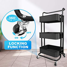 Load image into Gallery viewer, Homchwell 3 Tier Metal Utility Rolling Cart with Lockable Wheels, Multifunction Movable Storage Shelves Organizer Cart with Handle and Mesh Basket for Kitchen, Coffee Bar,Bathroom, Office