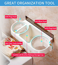 Load image into Gallery viewer, COAWG Adhesive Hair Dryer Holder, Wall Mounted No Drilling Plastic Bathroom Blow Drier Storage with Plug Hook, Hair Care Tools Organizer Basket with Cups for Curling Flat Straight Hot Iron