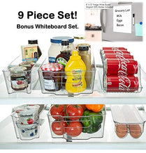 Load image into Gallery viewer, Stackable Storage Fridge Bins Refrigerator Organizer Bins for Fridge, Freezer, Pantry, Kitchen. Includes Magnetic Dry-Erase Whiteboard & Markers Set (Multi Size)