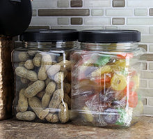 Load image into Gallery viewer, 32-Ounce Square Plastic Jars (4-Pack); Clear Rectangular 4-Cup Canisters w/Black Lids, Easy-Grip Side