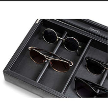 Load image into Gallery viewer, Glenor Co Sunglasses Organizer Case - 8 Slot Storage Holder to Display Sunglass/Eye Glasses - Modern Box with Clear Glass Top and Metal Buckle for Men and Women - Carbon Fiber Leather Design - Black