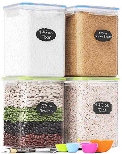 Extra Large Plastic Food Storage Containers with Lids 175oz, For Flour & Sugar - Air tight Kitchen & Pantry Organization Bulk Food Storage, BPA-Free - 4 PC - Canisters with Pen & Labels - Chef’s Path