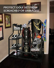 Load image into Gallery viewer, Mythinglogic Golf Storage Garage Organizer, 2 Golf Bag Storage Stand and Other Golfing Equipment Rack & 4 Removable Hooks, Extra Large Design for Golf Clubs Accessories
