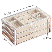 Load image into Gallery viewer, HerFav Jewelry Box for Women with 3 Drawers, Velvet Jewelry Organizer for Earring Bangle Bracelet Necklace and Rings Storage Clear Acrylic Jewelry case