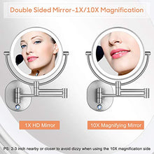 Load image into Gallery viewer, Pansonite LED Wall Mount Makeup Mirror with 10x Magnification, 8.5'' Double Sided 360° Swivel Vanity Mirror with 13.7" Extension and Adjustable Light for Bathroom & Bedroom, Brushed Finished