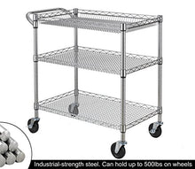Load image into Gallery viewer, Finnhomy 3 Tier Heavy Duty Commercial Grade Utility Cart, Wire Rolling Cart with Handle Bar, Steel Service Cart with Wheels, Utility Shelf Plant Display Shelf Food Storage Trolley, NSF Listed