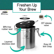 Load image into Gallery viewer, Coffee Gator Stainless Steel Coffee Grounds and Beans Container Canister with Date-Tracker, CO2-Release Valve and Measuring Scoop, Medium, Gray