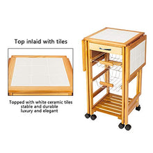 Load image into Gallery viewer, Henf Portable Rolling Drop Leaf Kitchen Storage Trolley Cart Island White Tile Top Folding Trolley Table with 1 Wood Drawer & 2 Steel Baskets Sapele Color
