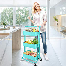 Load image into Gallery viewer, Homchwell 3 Tier Metal Utility Rolling Cart with Lockable Wheels, Multifunction Movable Storage Shelves Organizer Cart with Handle and Mesh Basket for Kitchen, Coffee Bar,Bathroom, Office