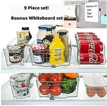 Load image into Gallery viewer, Stackable Storage Fridge Bins Refrigerator Organizer Bins for Fridge, Freezer, Pantry, Kitchen. Includes Magnetic Dry-Erase Whiteboard & Markers Set (Multi Size)